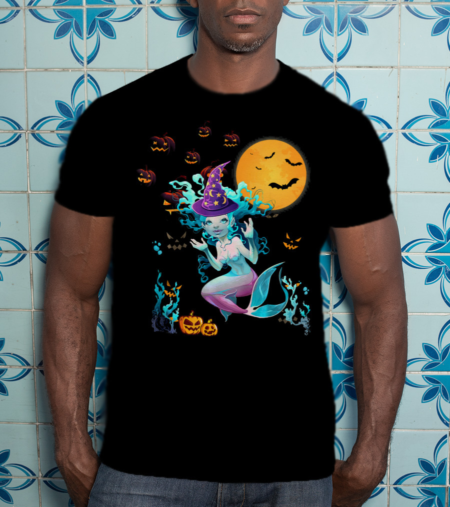 Halloween Mermaid Witch With Pumpkin Lanterns And Moon T-Shirt