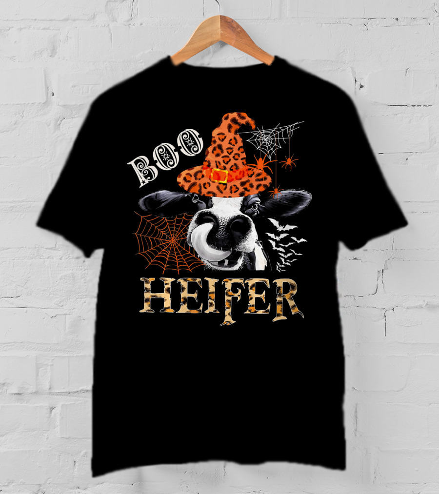 Boo Heifer Cute Leopard Cow Witch Halloween Spiders Bats Webs T-Shirt