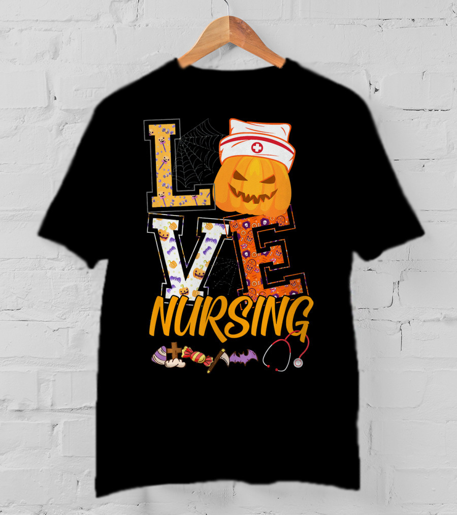 LOVE Nursing Pumpkin Halloween Nurse Stethoscope Spider Web Bat Candy T-Shirt