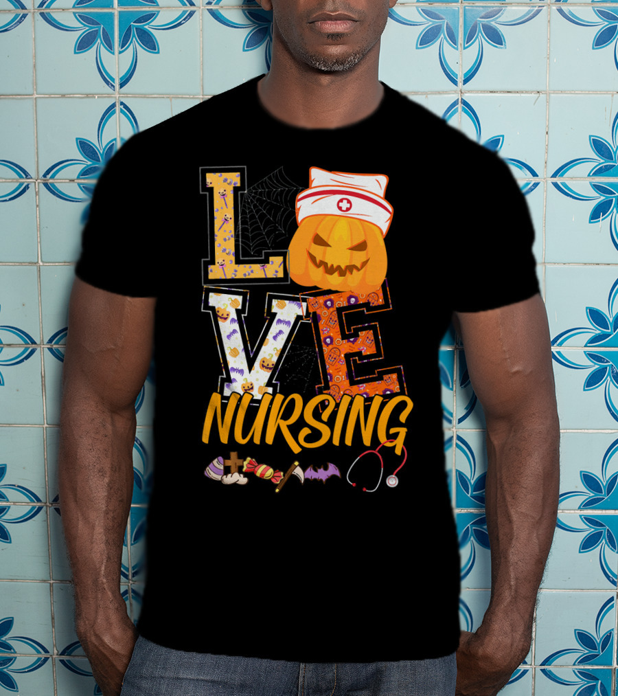 LOVE Nursing Pumpkin Halloween Nurse Stethoscope Spider Web Bat Candy T-Shirt