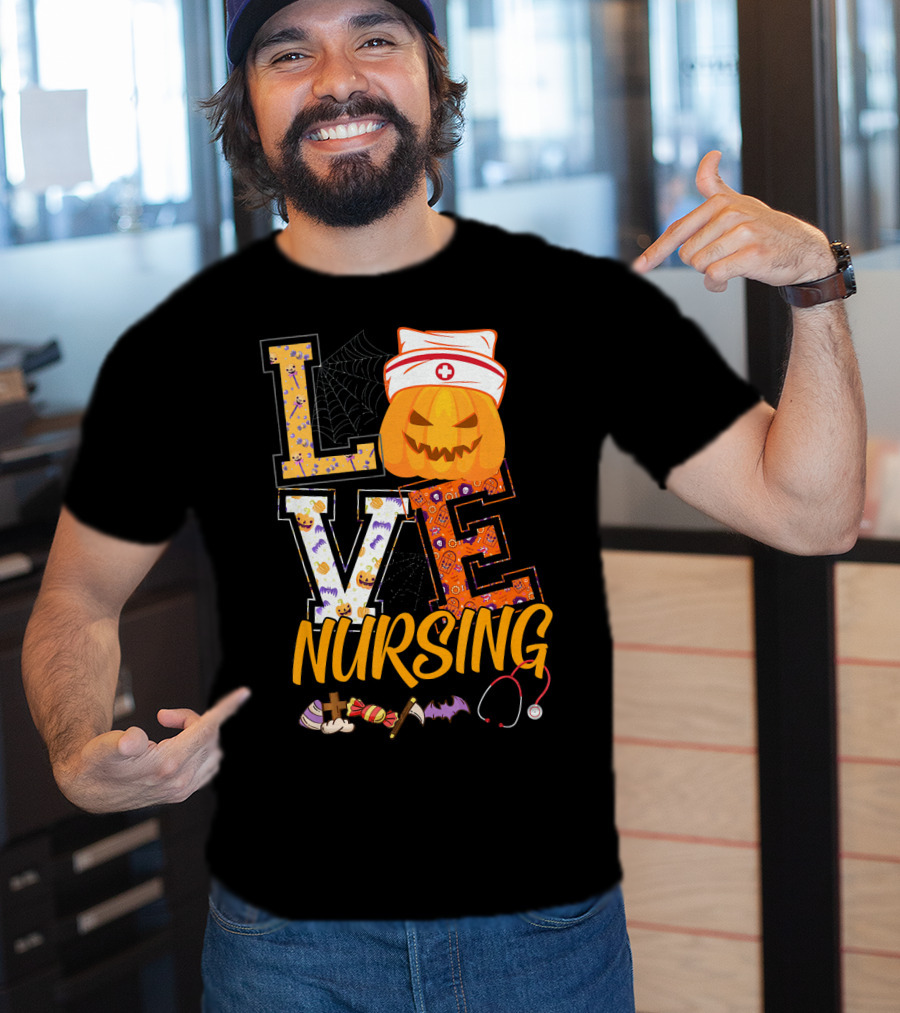 LOVE Nursing Pumpkin Halloween Nurse Stethoscope Spider Web Bat Candy T-Shirt