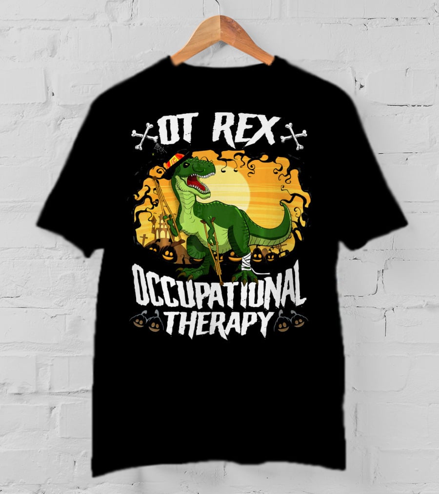 OT Rex Occupational Therapy Halloween Dinosaur With Crutches And Bandages T-Shirt