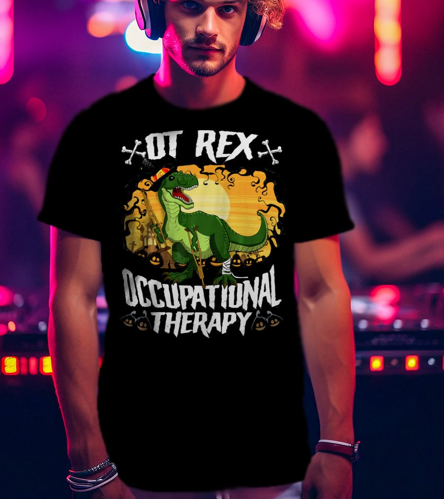 OT Rex Occupational Therapy Halloween Dinosaur With Crutches And Bandages T-Shirt