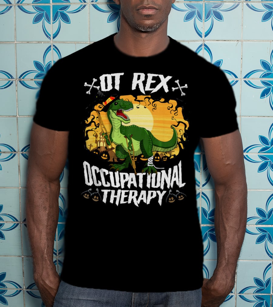 OT Rex Occupational Therapy Halloween Dinosaur With Crutches And Bandages T-Shirt