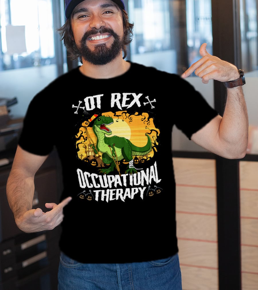 OT Rex Occupational Therapy Halloween Dinosaur With Crutches And Bandages T-Shirt