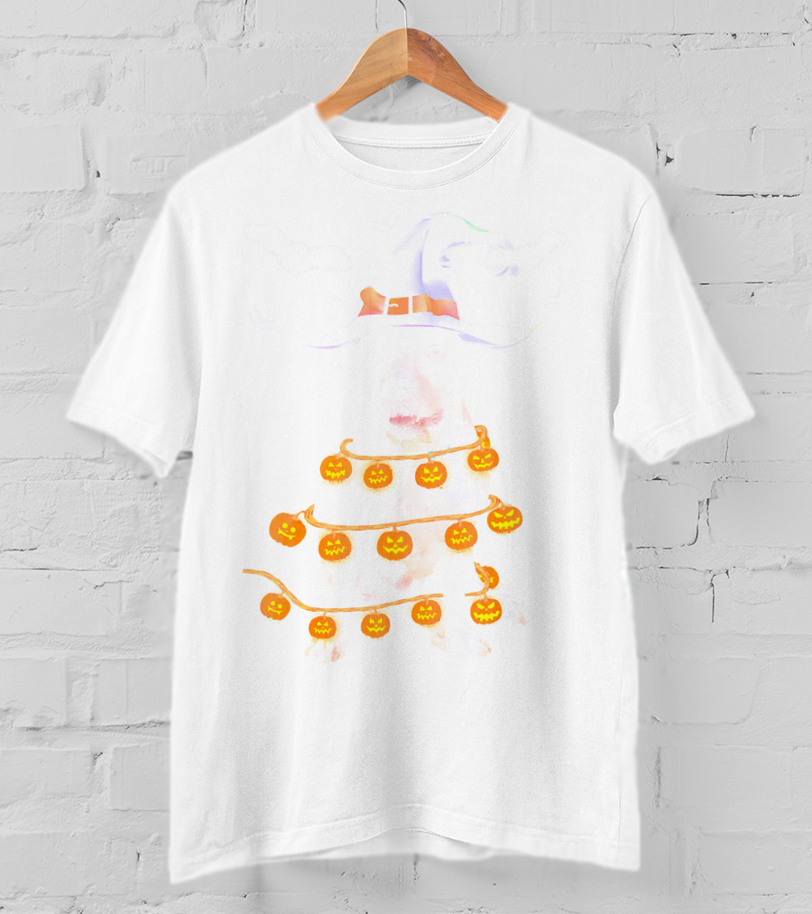 Pitbull Wrapped In Pumpkin Lights With Witch Hat And Bats Halloween T-Shirt