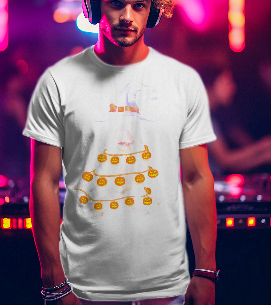 Pitbull Wrapped In Pumpkin Lights With Witch Hat And Bats Halloween T-Shirt