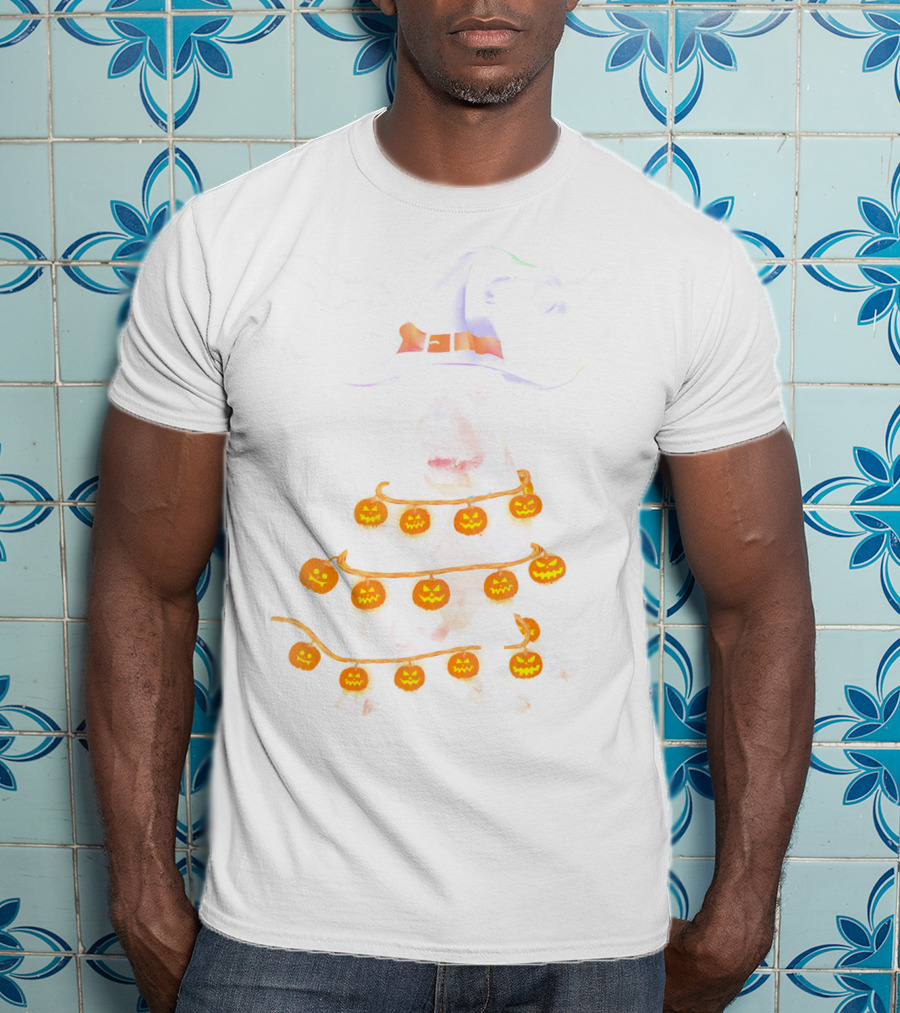 Pitbull Wrapped In Pumpkin Lights With Witch Hat And Bats Halloween T-Shirt