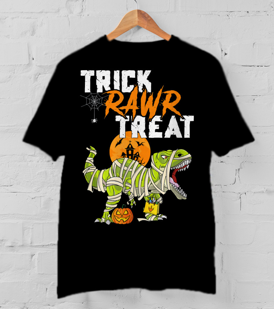 Trick Rawr Treat Dinosaur Mummy Halloween Rex Jack-O'-Lantern T-Shirt