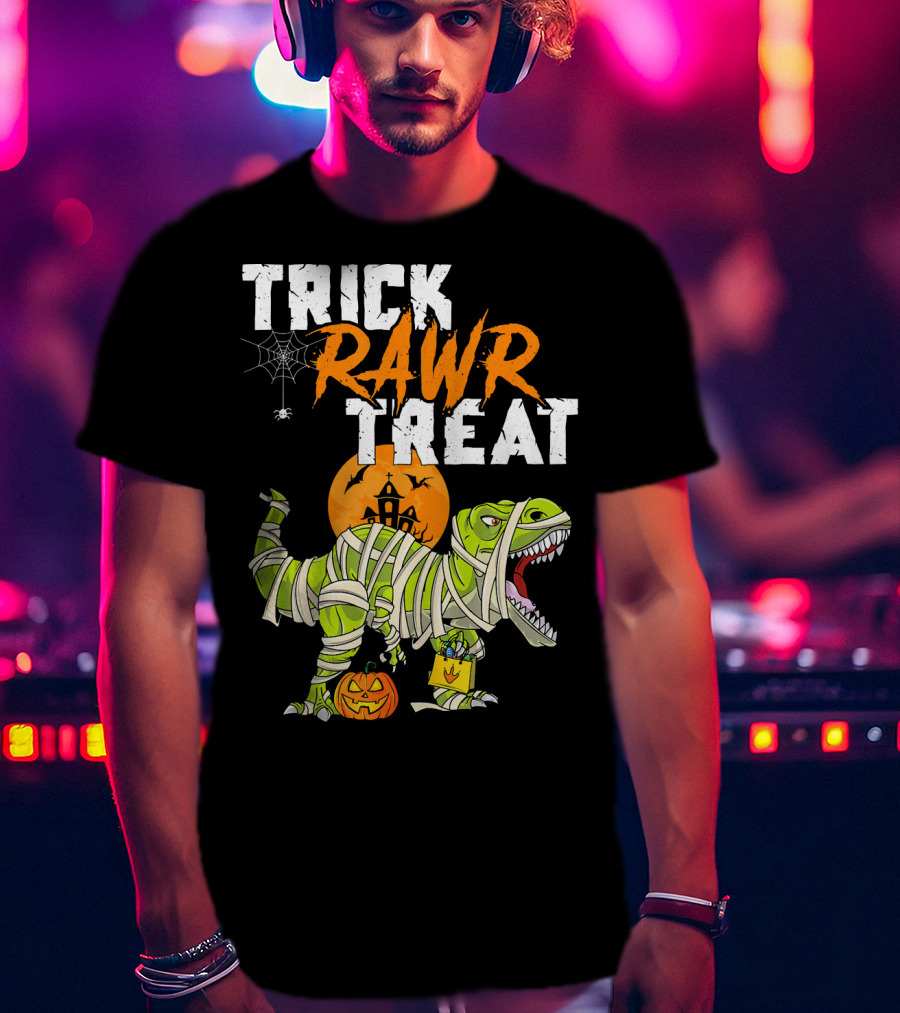 Trick Rawr Treat Dinosaur Mummy Halloween Rex Jack-O'-Lantern T-Shirt