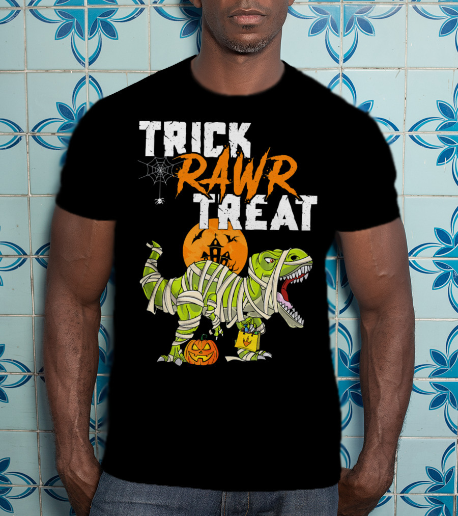Trick Rawr Treat Dinosaur Mummy Halloween Rex Jack-O'-Lantern T-Shirt