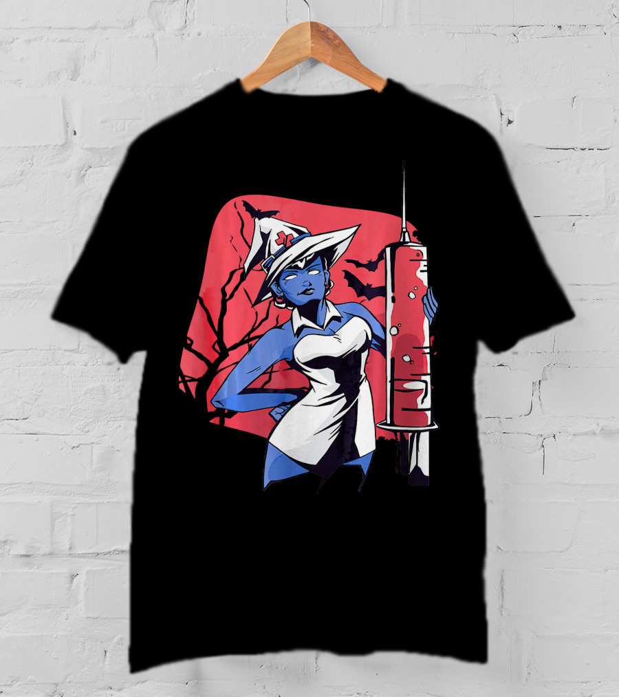Halloween Witch Nurse Holding Syringe With Witch Hat And Bats T-Shirt