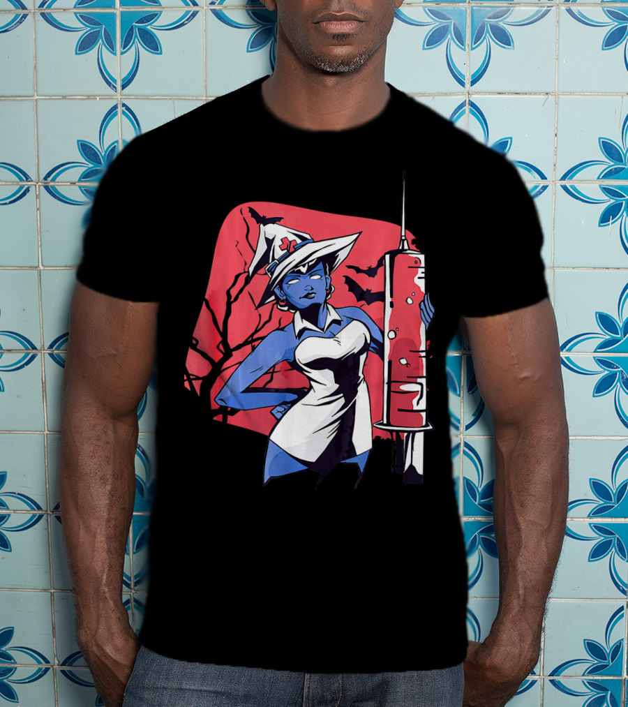 Halloween Witch Nurse Holding Syringe With Witch Hat And Bats T-Shirt