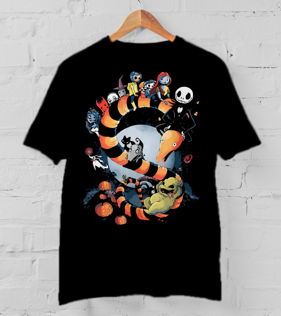 Nightmare Before Christmas Characters Riding Sandworm In Moonlit Halloween Scene T-Shirt