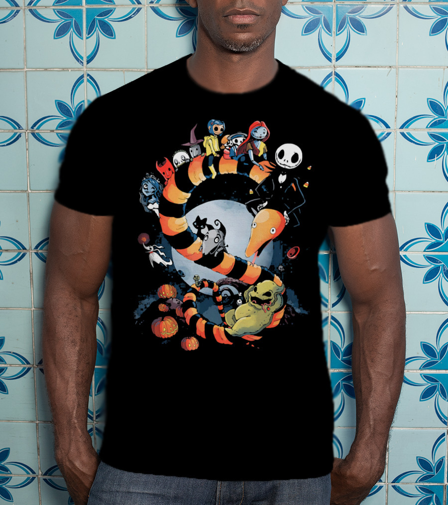 Nightmare Before Christmas Characters Riding Sandworm In Moonlit Halloween Scene T-Shirt