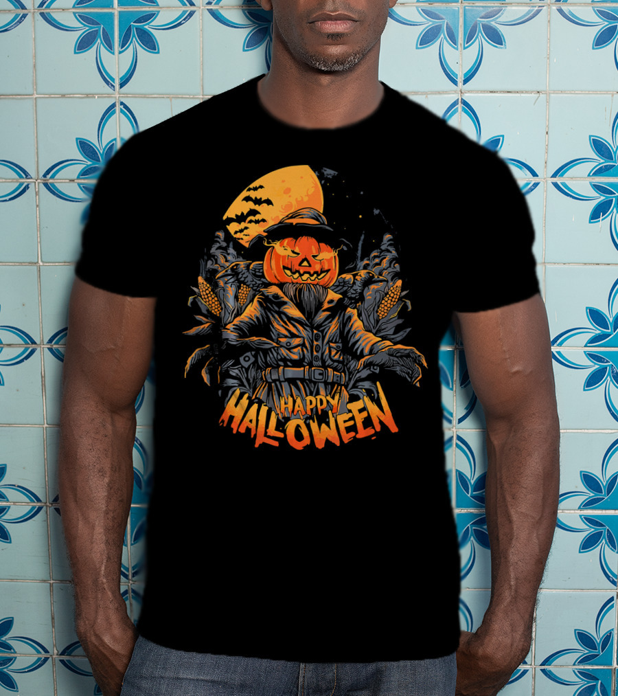 Happy Halloween Scarecrow Pumpkin Moonlit Scene T-Shirt
