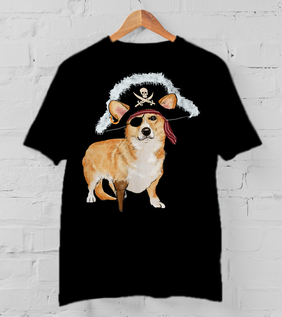 Funny Pirate Corgi Halloween Dog Lovers Skull Eyepatch Hat T-Shirt