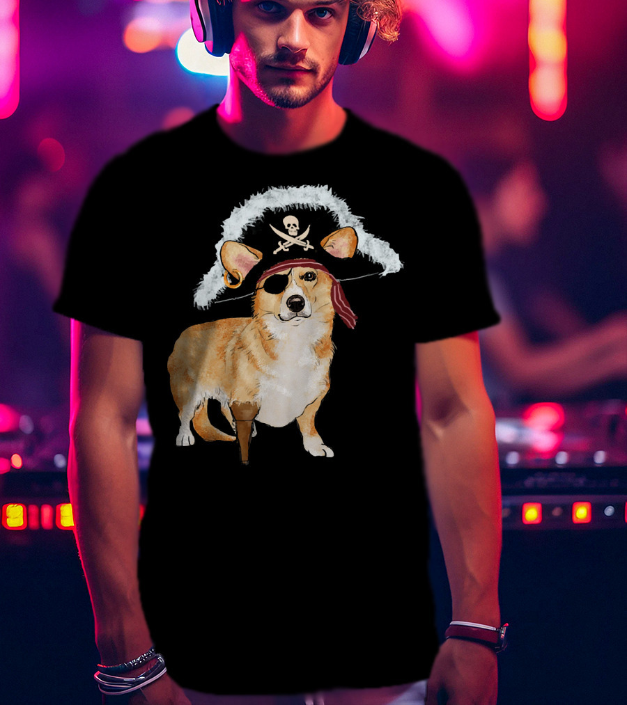 Funny Pirate Corgi Halloween Dog Lovers Skull Eyepatch Hat T-Shirt