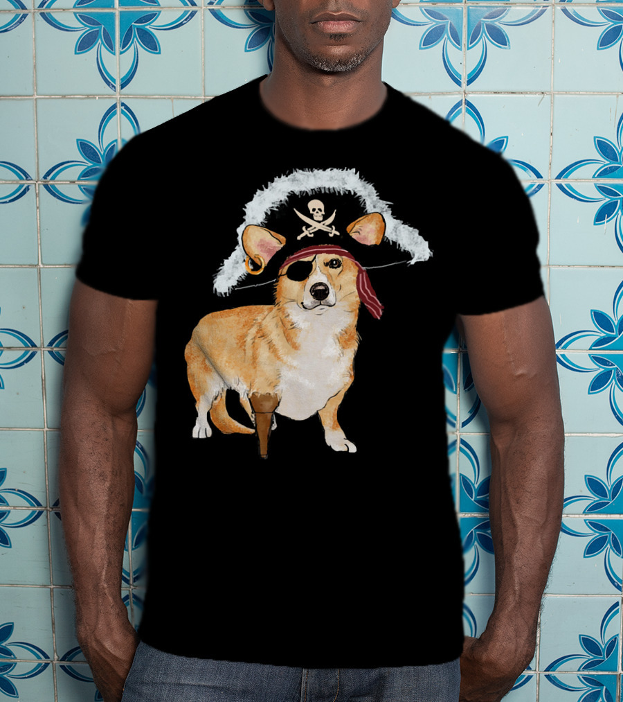 Funny Pirate Corgi Halloween Dog Lovers Skull Eyepatch Hat T-Shirt