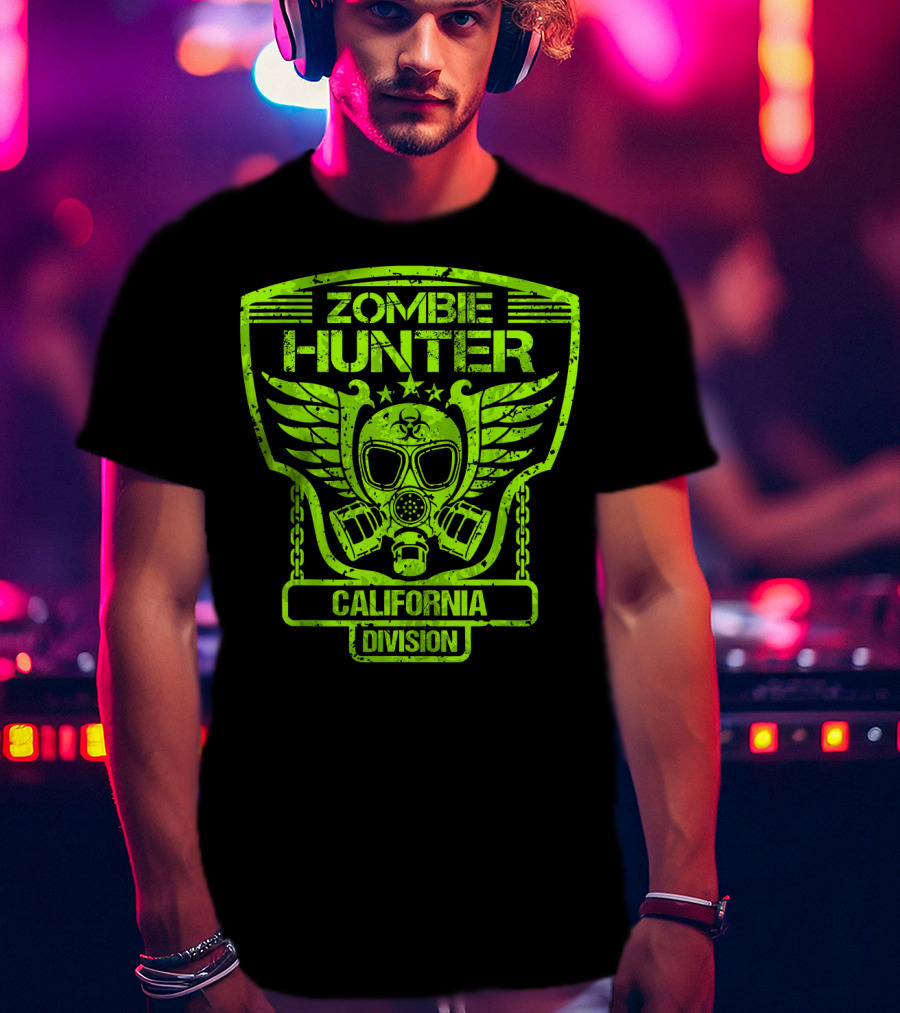 Zombie Hunter California Division Gas Mask Wings Emblem T-Shirt