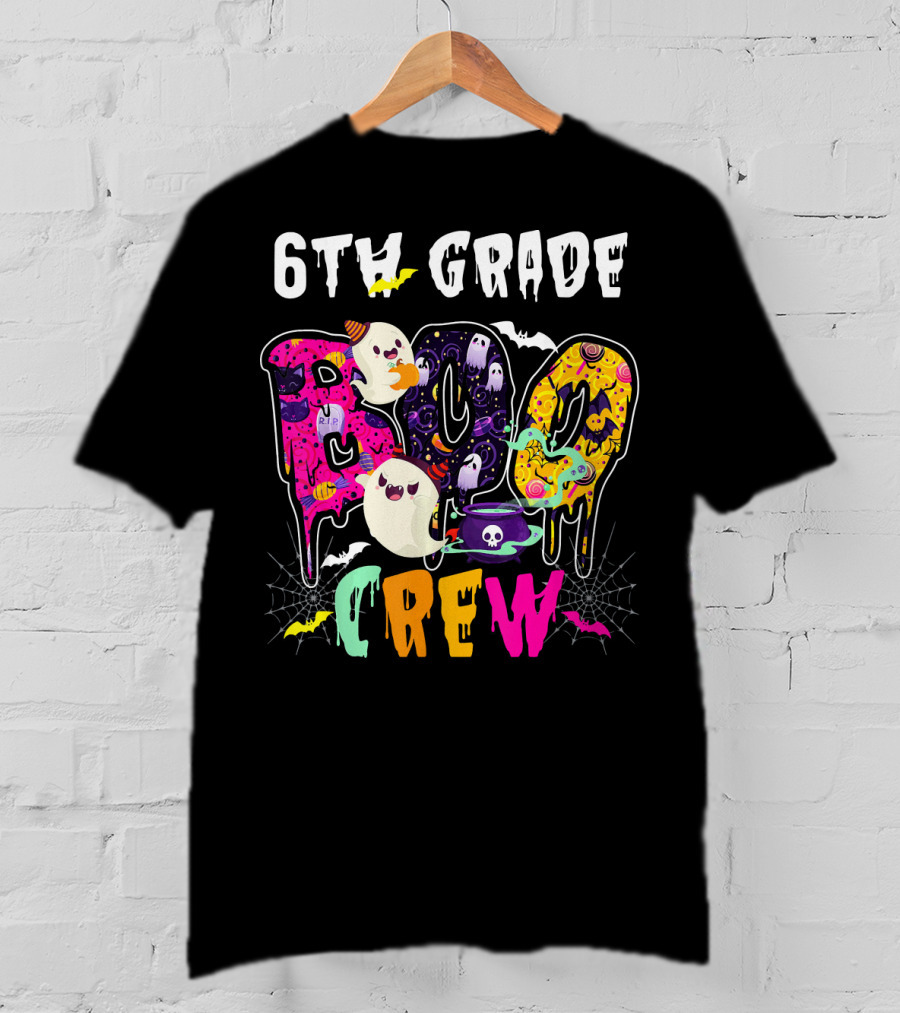 6th Grade Boo Crew Halloween Funny Costume Ghosts Bats Cauldron Spiders T-Shirt