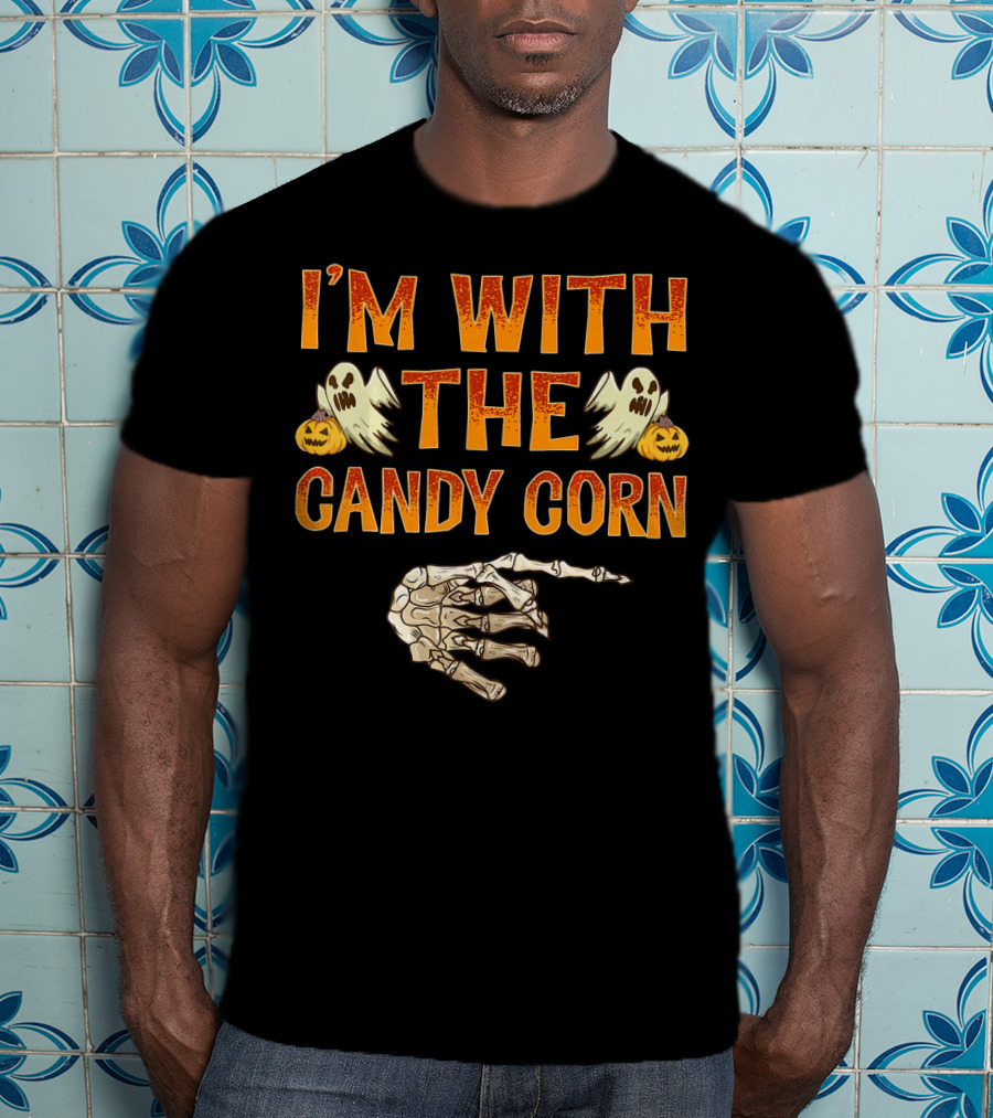 I'm With The Candy Corn Halloween Skeleton Hand Ghosts Pumpkins T-Shirt