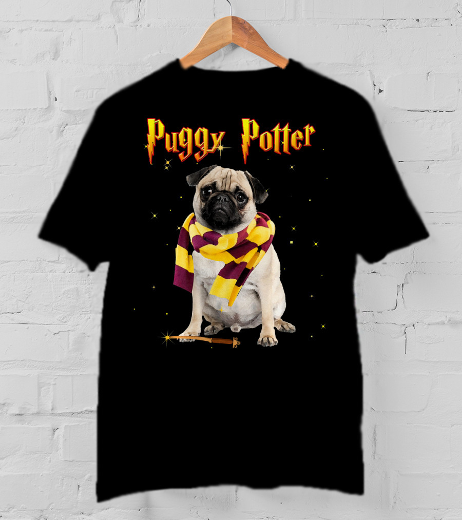 Puggy Potter Magic Wizard Pug With Scarf And Wand T-Shirt