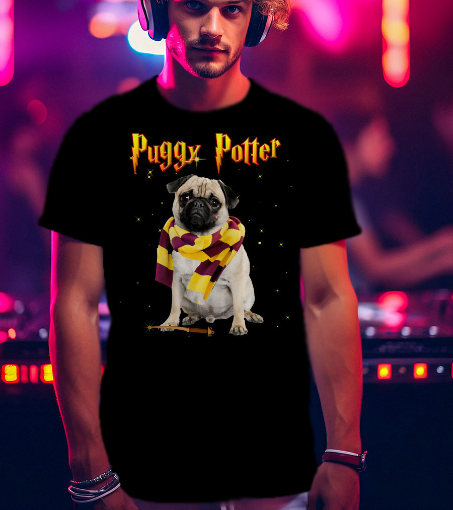 Puggy Potter Magic Wizard Pug With Scarf And Wand T-Shirt
