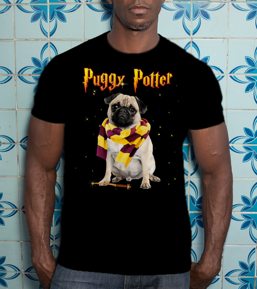 Puggy Potter Magic Wizard Pug With Scarf And Wand T-Shirt