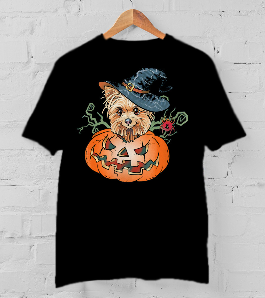 Yorkshire Terrier Witch Hat Pumpkin Halloween T-Shirt