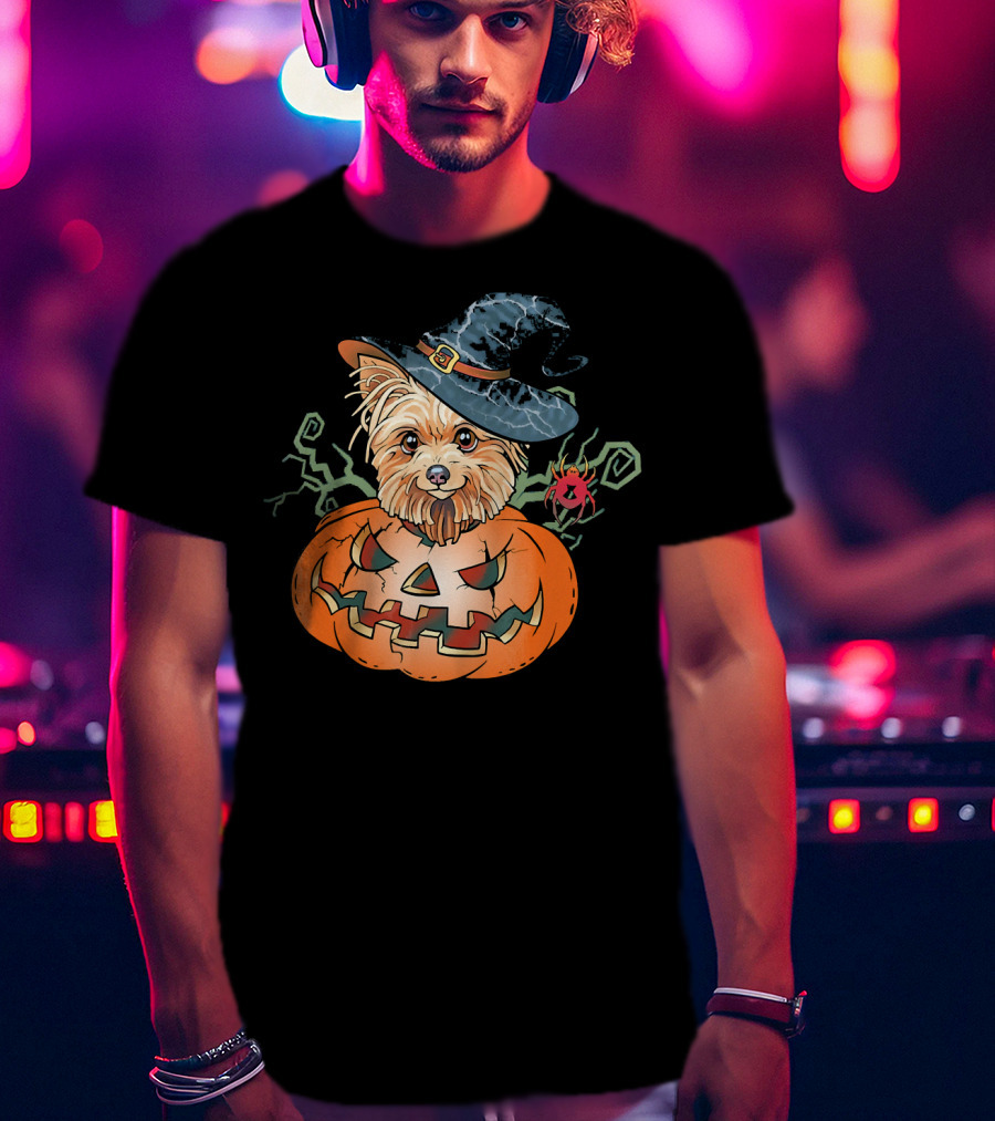 Yorkshire Terrier Witch Hat Pumpkin Halloween T-Shirt