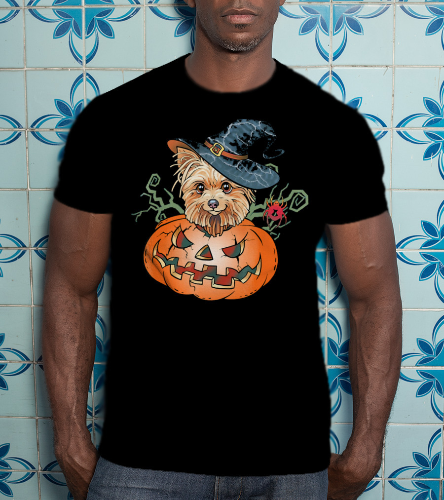 Yorkshire Terrier Witch Hat Pumpkin Halloween T-Shirt
