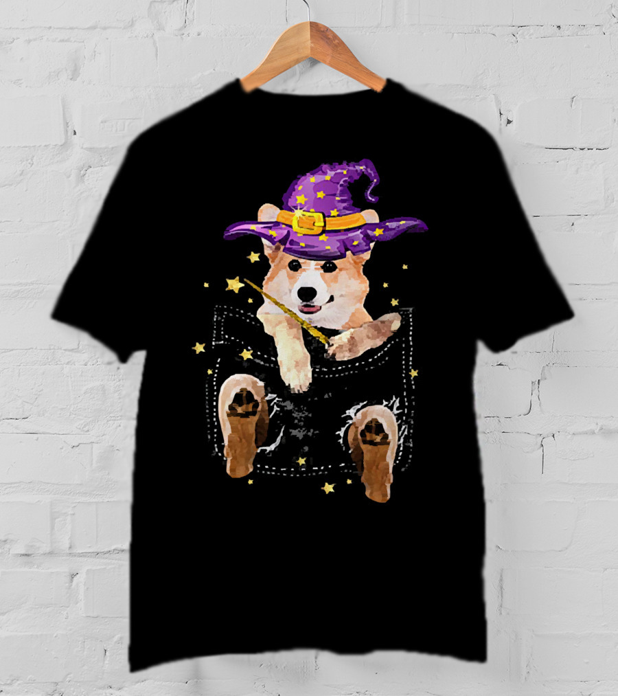 Corgi Witch Hat Starry Pocket Magic Wand Corgi T-Shirt