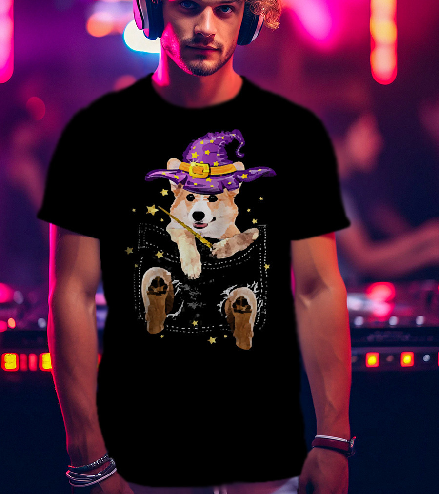 Corgi Witch Hat Starry Pocket Magic Wand Corgi T-Shirt
