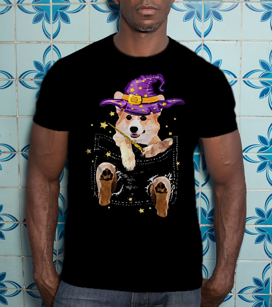 Corgi Witch Hat Starry Pocket Magic Wand Corgi T-Shirt