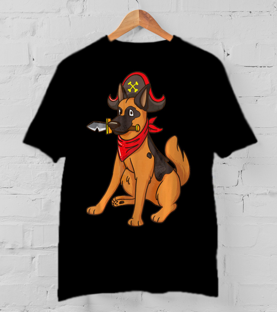 Pirate German Shepherd With Red Bandana And Hat For Halloween T-Shirt