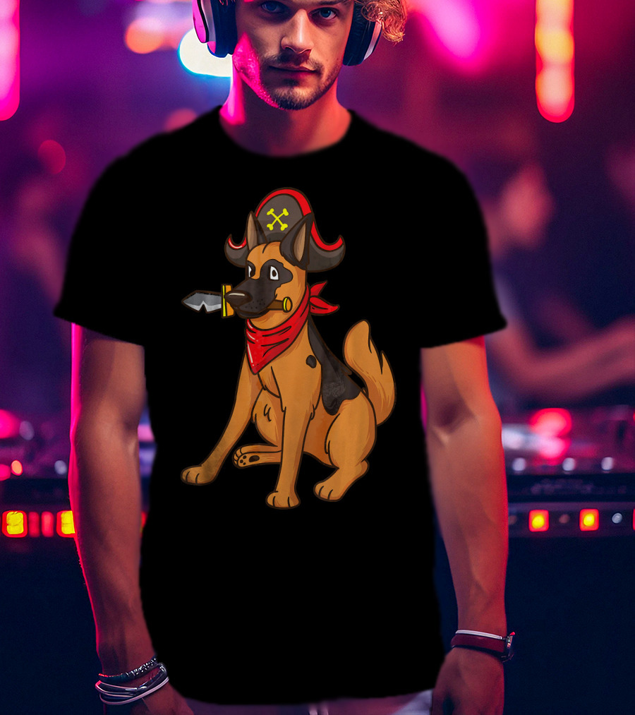 Pirate German Shepherd With Red Bandana And Hat For Halloween T-Shirt