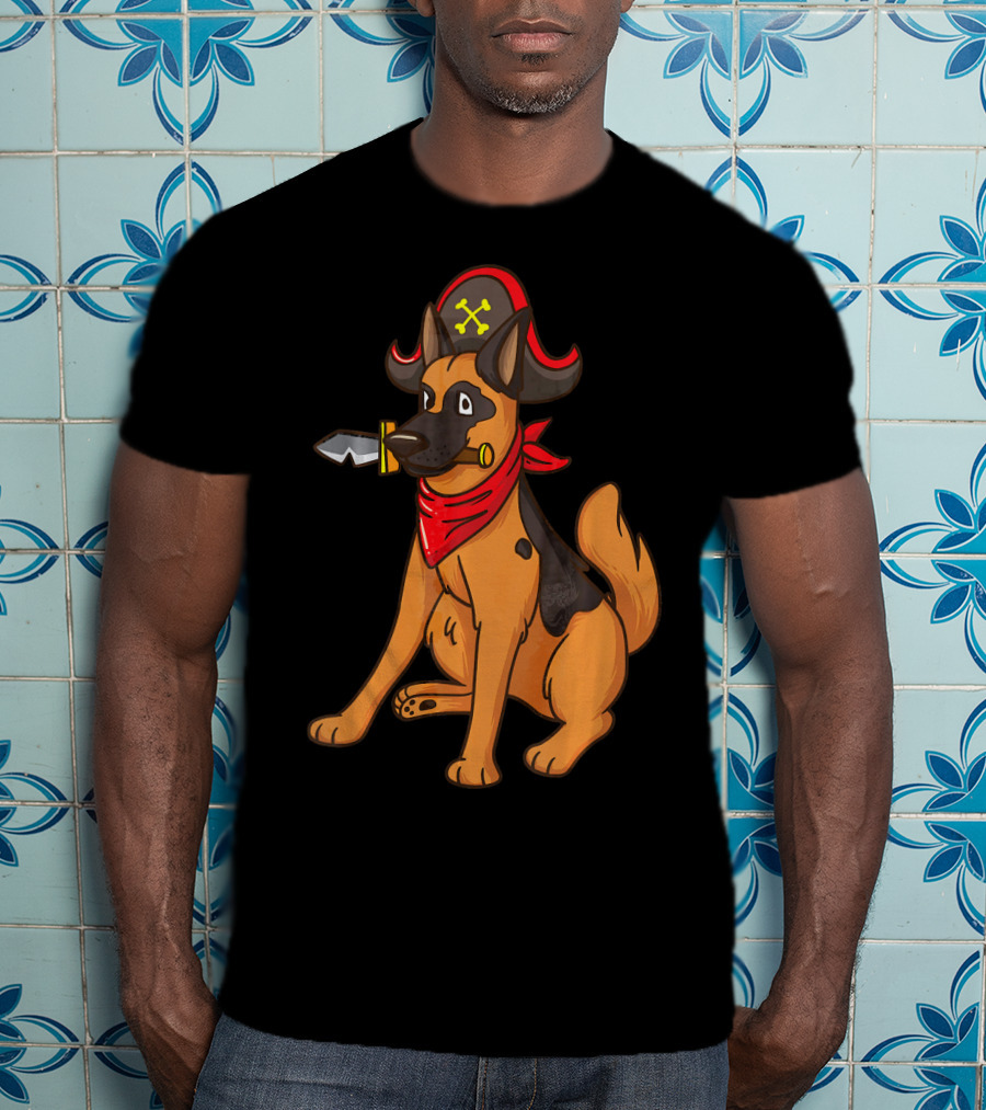 Pirate German Shepherd With Red Bandana And Hat For Halloween T-Shirt