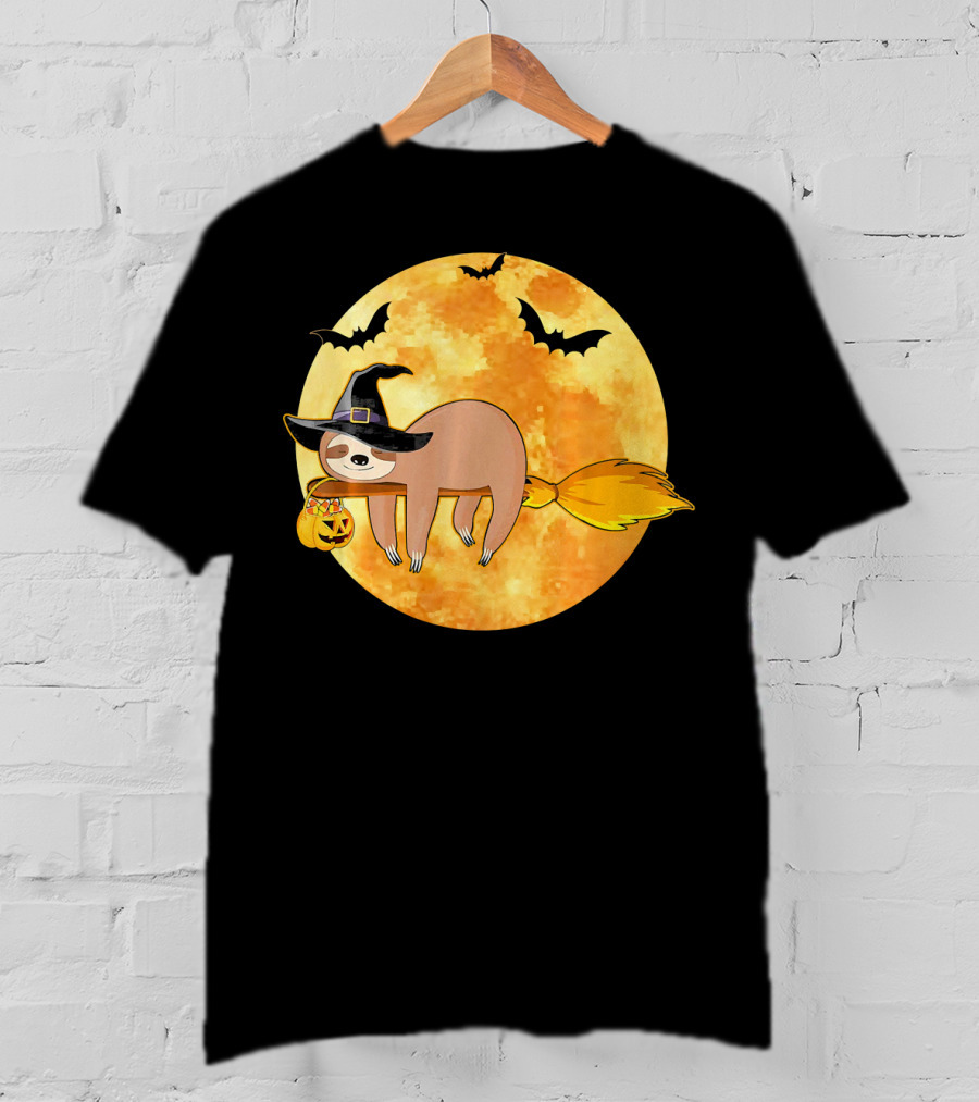 Lazy Sloth Riding Witches Broom With Pumpkin And Full Moon Background T-Shirt