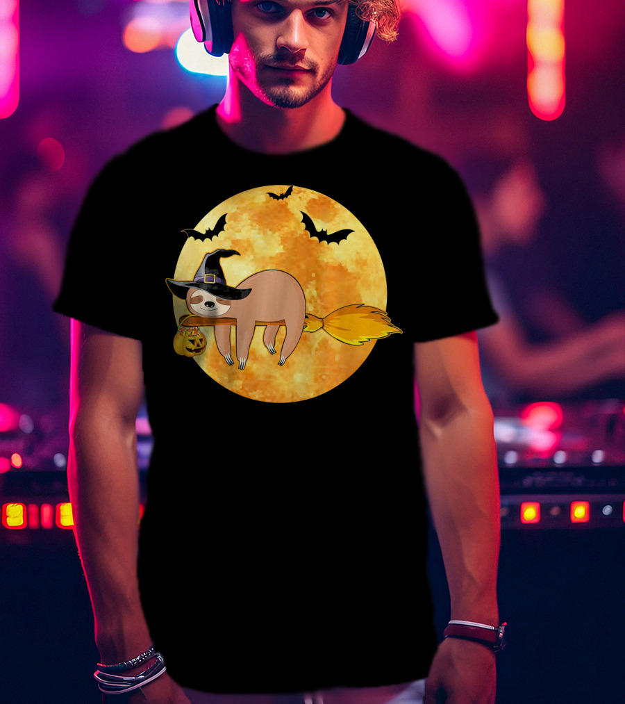 Lazy Sloth Riding Witches Broom With Pumpkin And Full Moon Background T-Shirt