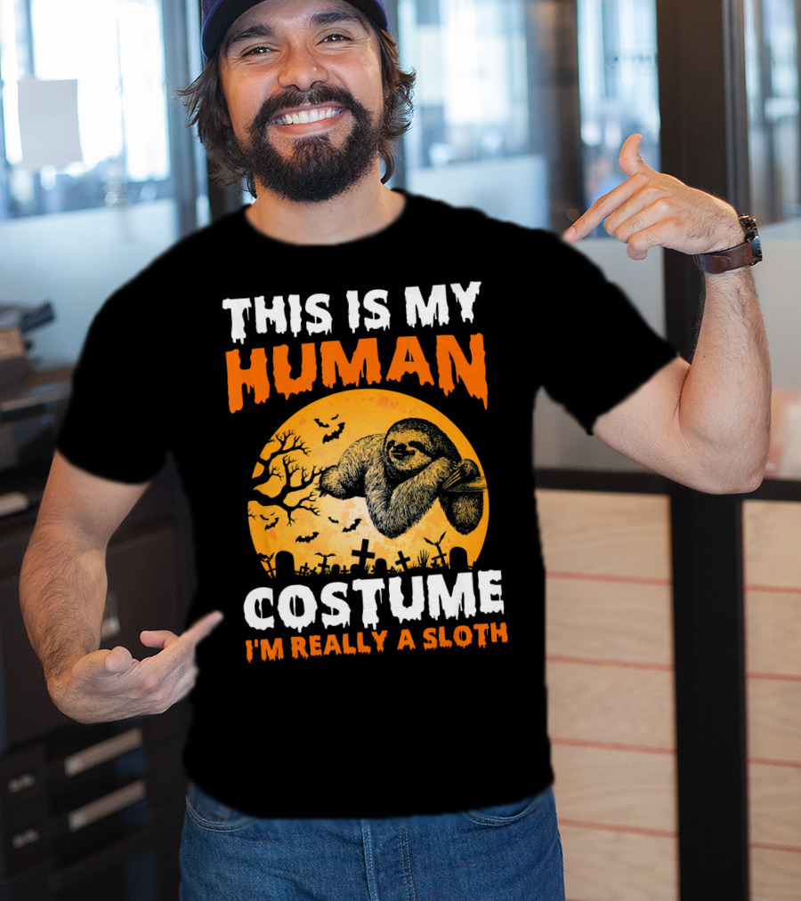 This Is My Human Costume I'm Really A Sloth Halloween Moon Cemetery T-Shirt
