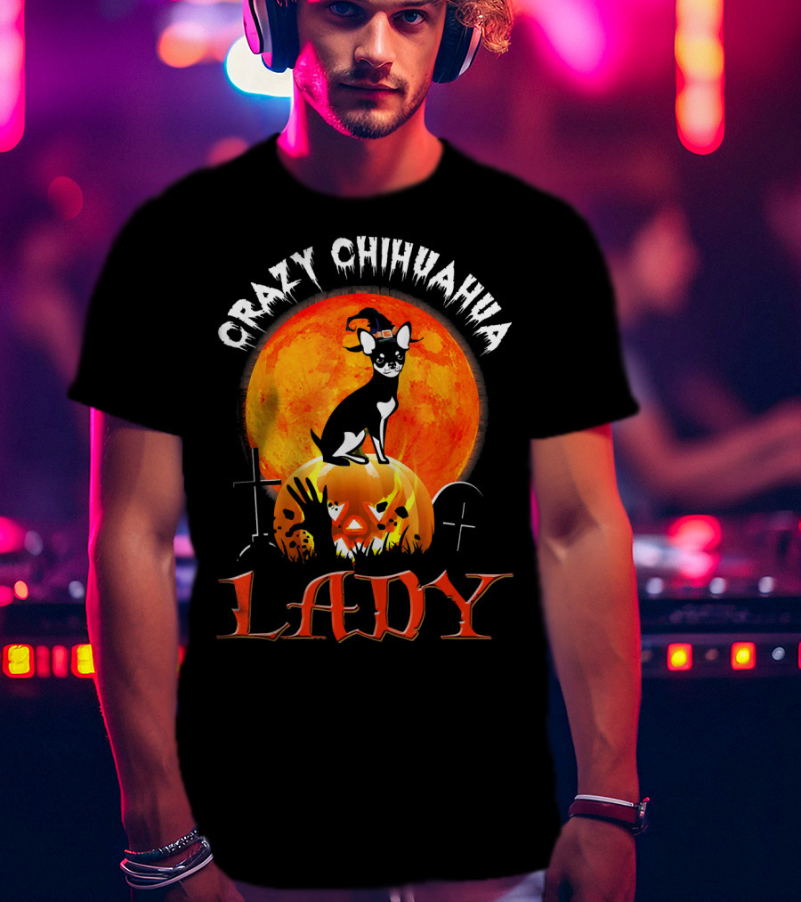 Crazy Chihuahua Lady Halloween Pumpkin Moon T-Shirt