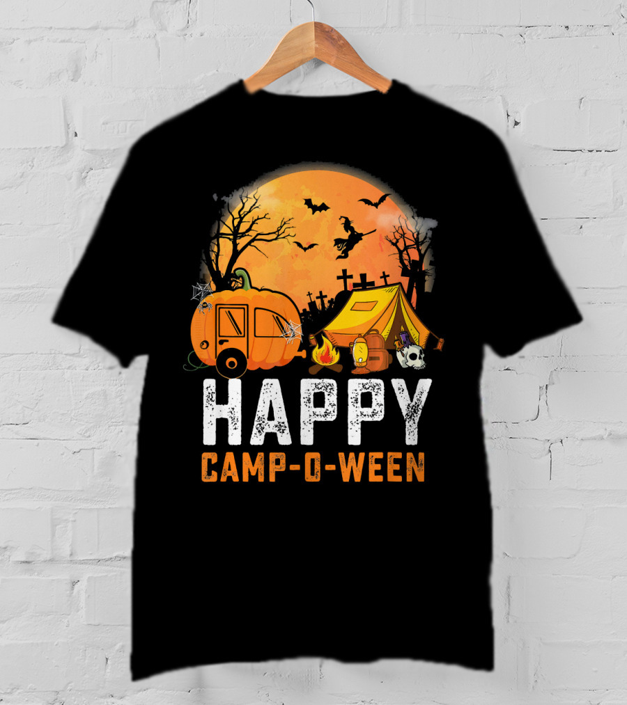 Funny Happy Camp O Ween Camping Halloween Scene With Pumpkin Caravan And Tent T-Shirt