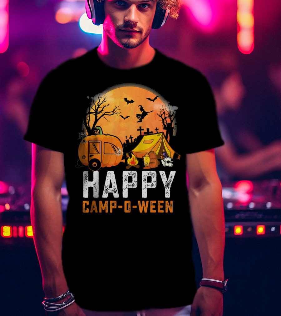 Funny Happy Camp O Ween Camping Halloween Scene With Pumpkin Caravan And Tent T-Shirt