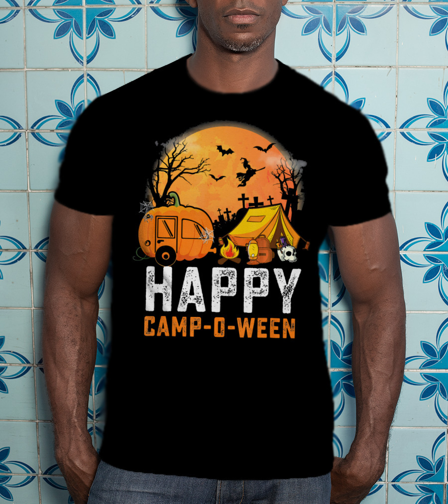 Funny Happy Camp O Ween Camping Halloween Scene With Pumpkin Caravan And Tent T-Shirt