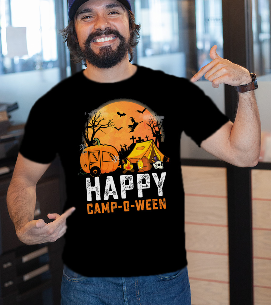 Funny Happy Camp O Ween Camping Halloween Scene With Pumpkin Caravan And Tent T-Shirt