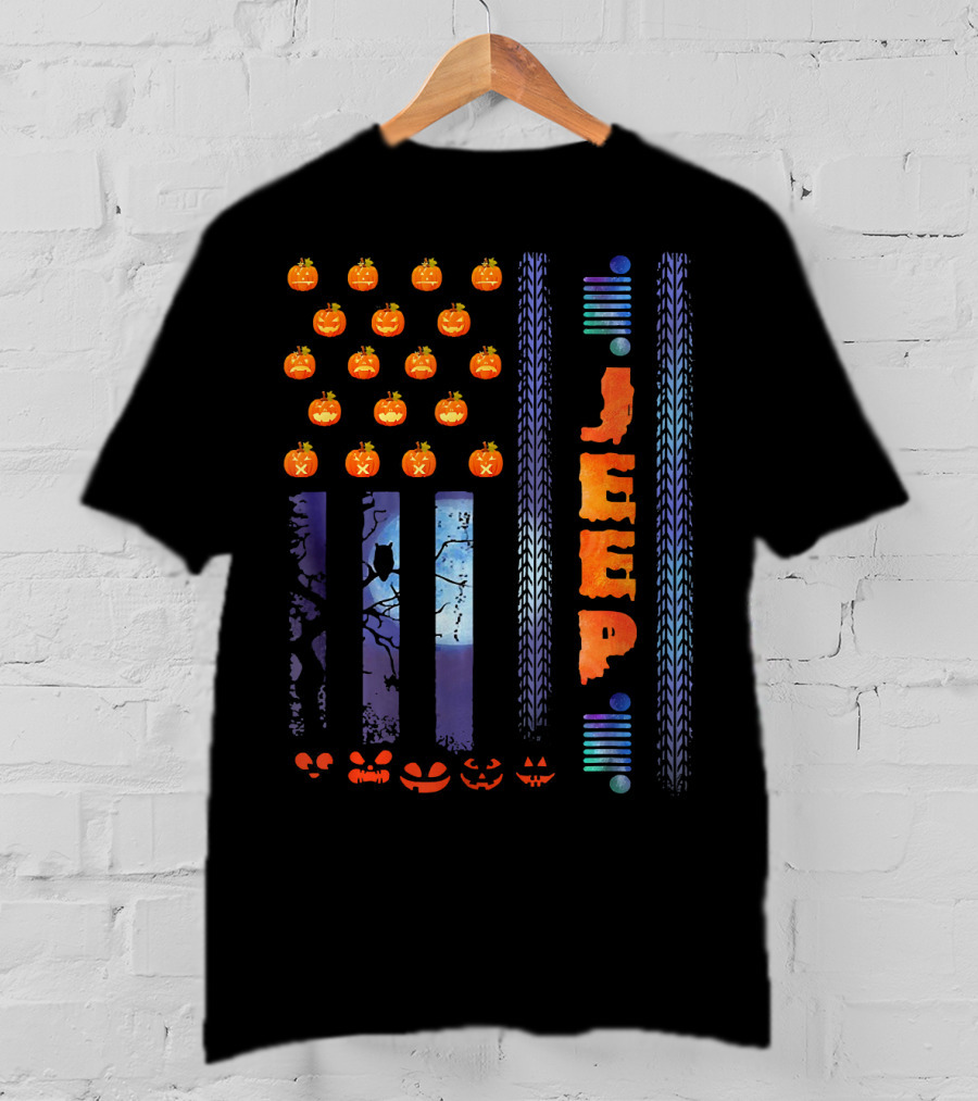 Jeep Halloween Pumpkin USA Flag With Tire Tracks And Spooky Jack-o-Lanterns T-Shirt