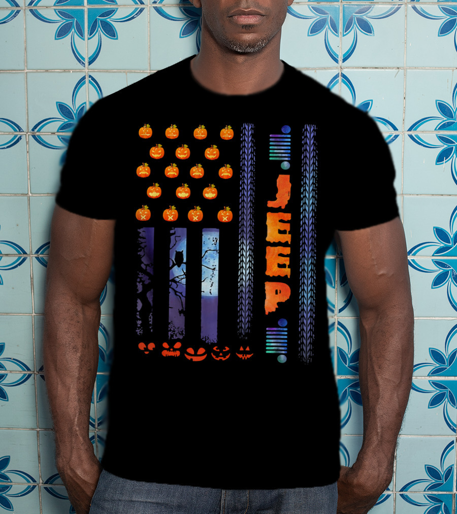 Jeep Halloween Pumpkin USA Flag With Tire Tracks And Spooky Jack-o-Lanterns T-Shirt
