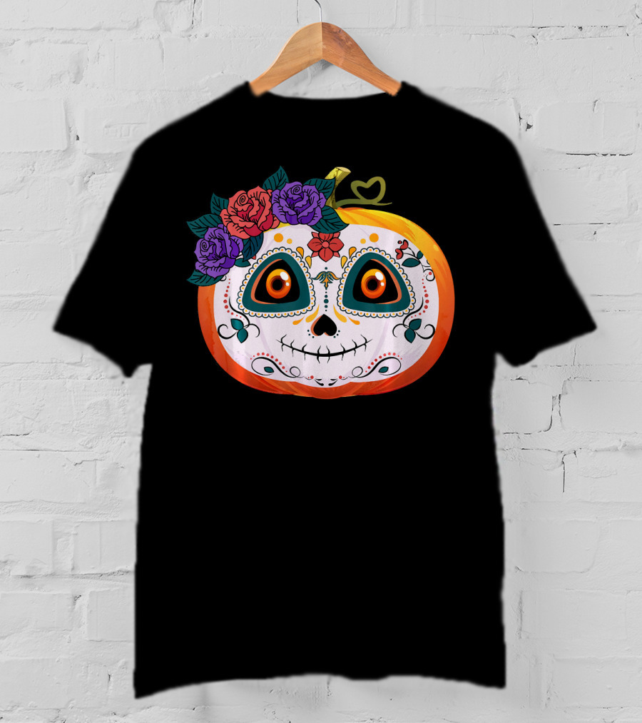 Pumpkin Floral Sugar Skull Jack O Lantern With Flowers T-Shirt