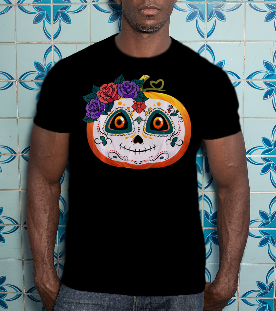 Pumpkin Floral Sugar Skull Jack O Lantern With Flowers T-Shirt